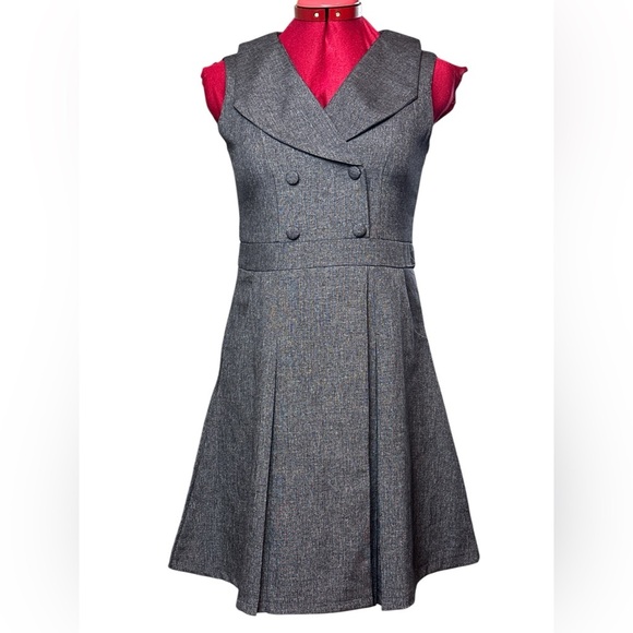 Fitted grey stretch fit-and-flare double breasted Sleeveless Dress - Picture 1 of 10